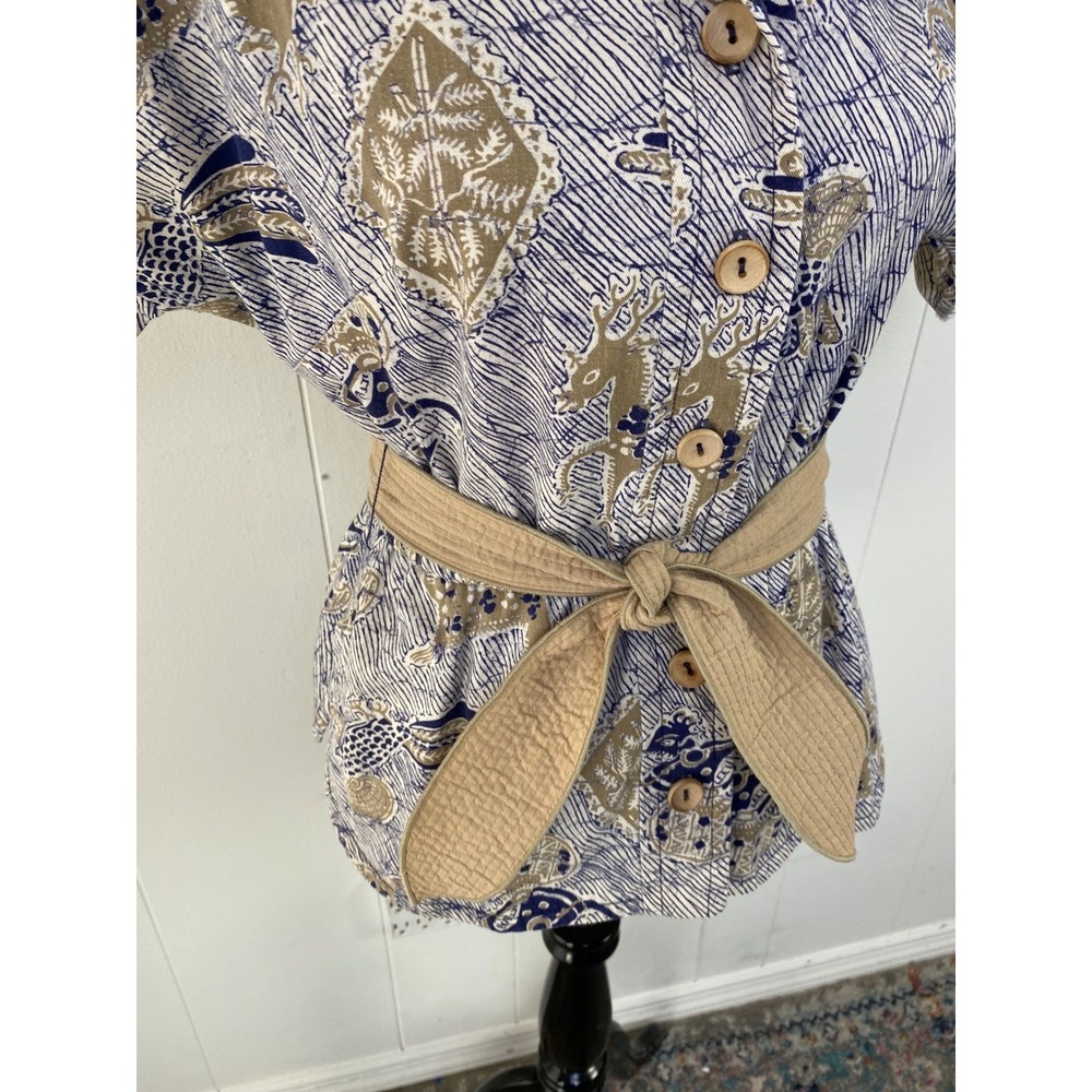 VTG HearSay Batik Animal Print Short Sleeve Belted Button Up Top Blue Tan Sz S/M - Picture 10 of 13